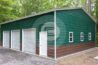 30x41x12 side entry metal garage with three roll-up doors, one walk door and three windows in green with brown wainscoting
