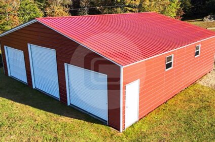 40x40x10 Triple Garage with barn red roof and sides with white trim