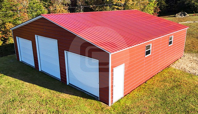 40x40x10 Triple Garage with barn red roof and sides with white trim